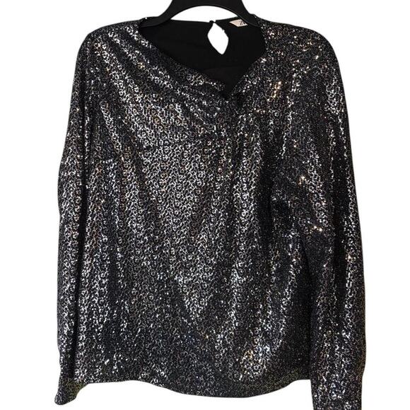 Zara Black Sequin Long Sleeve Top Knot Front Key Hole Cuffed Sleeves - Picture 1 of 5
